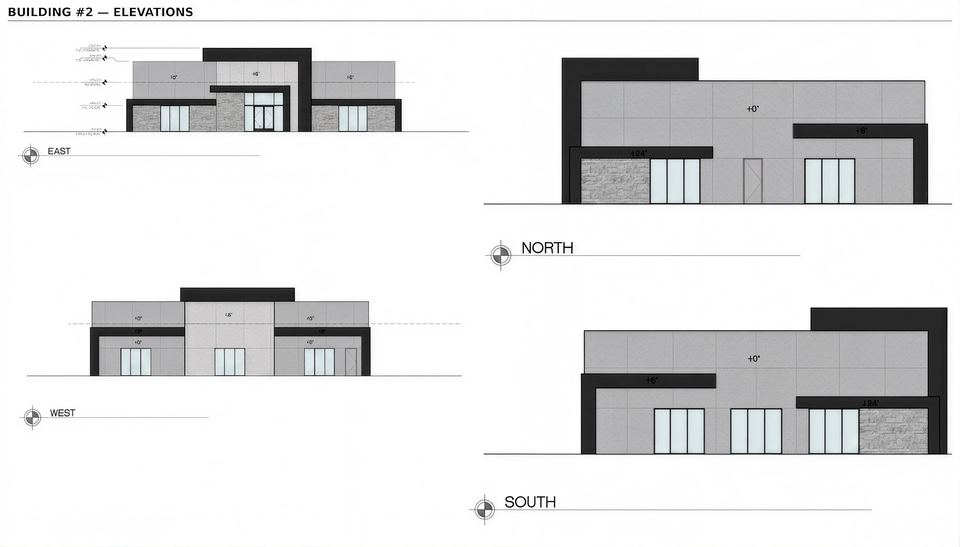 Architectural elevation drawings of the Fortitude Arizona building, showing the east, north, west and south facades