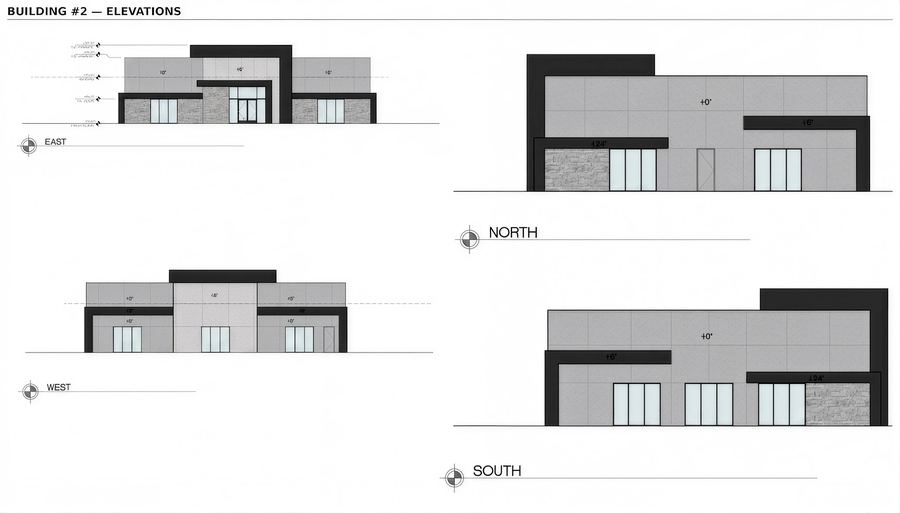 Architectural elevation drawings labelled east, north, west and south, showing each side of the building