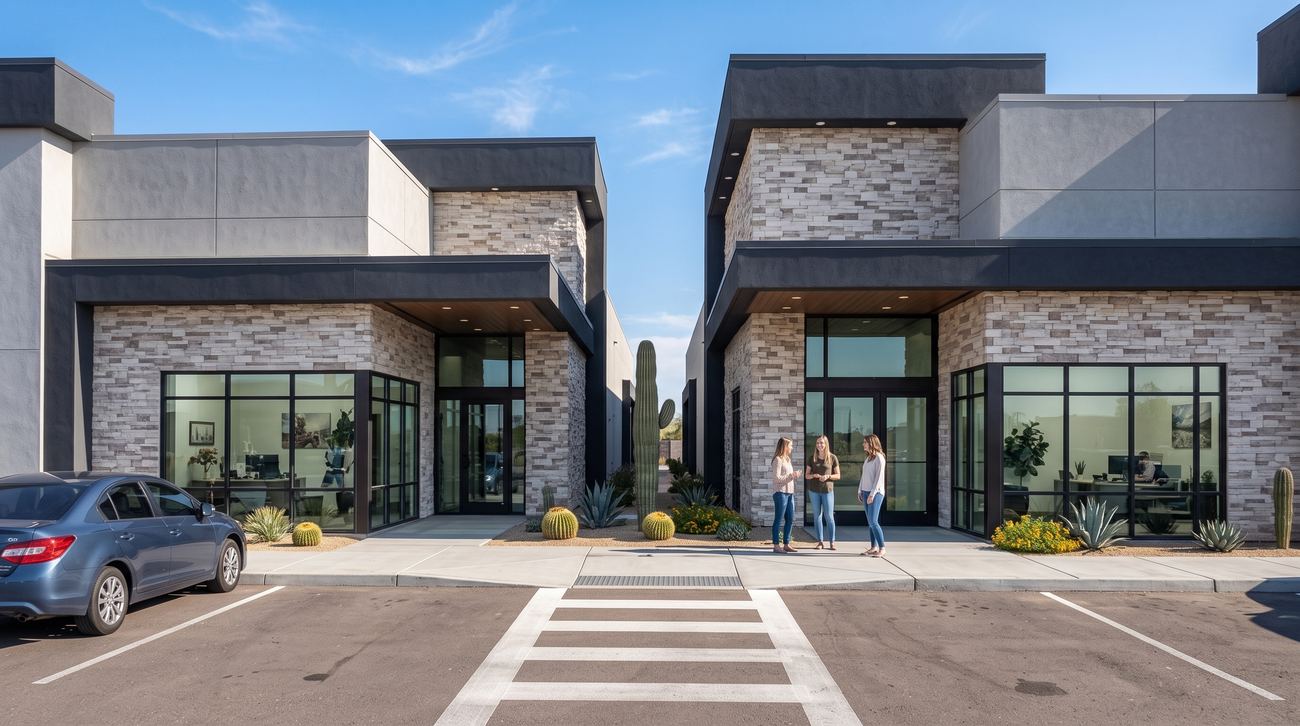 Exterior rendering of the Fortitude Arizona building, showing a stone and stucco facade with glass entrances beside a landscaped car park