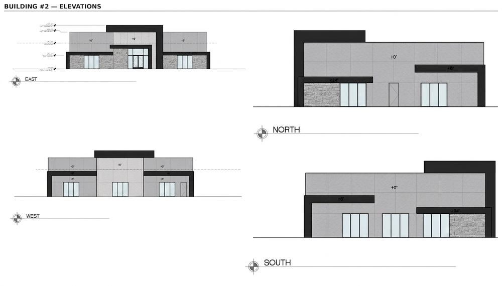 Architectural elevation drawings showing the east, north, west and south facades of a building