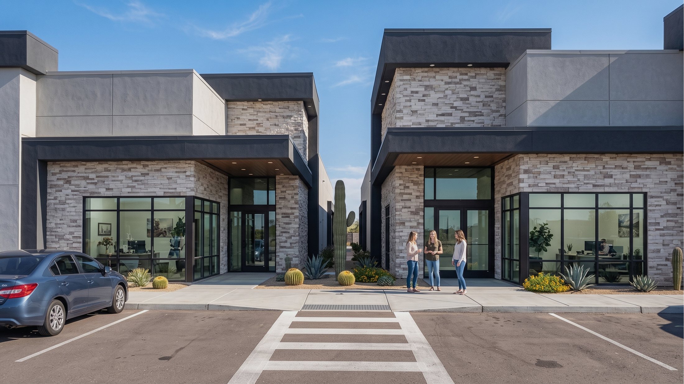 Architectural rendering of a single-storey commercial building with a stone and stucco facade, glass entrances and a landscaped parking area