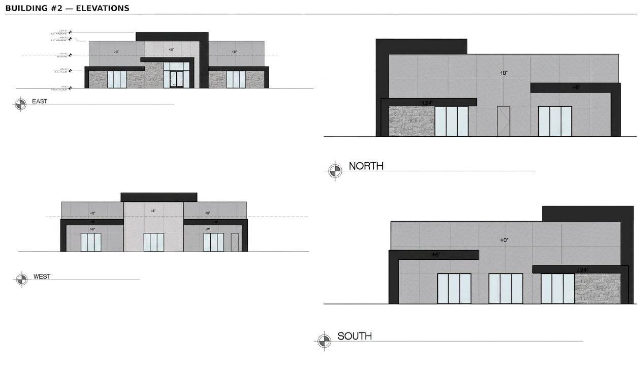 Architectural elevation drawings labelled east, north, west and south, showing building facades