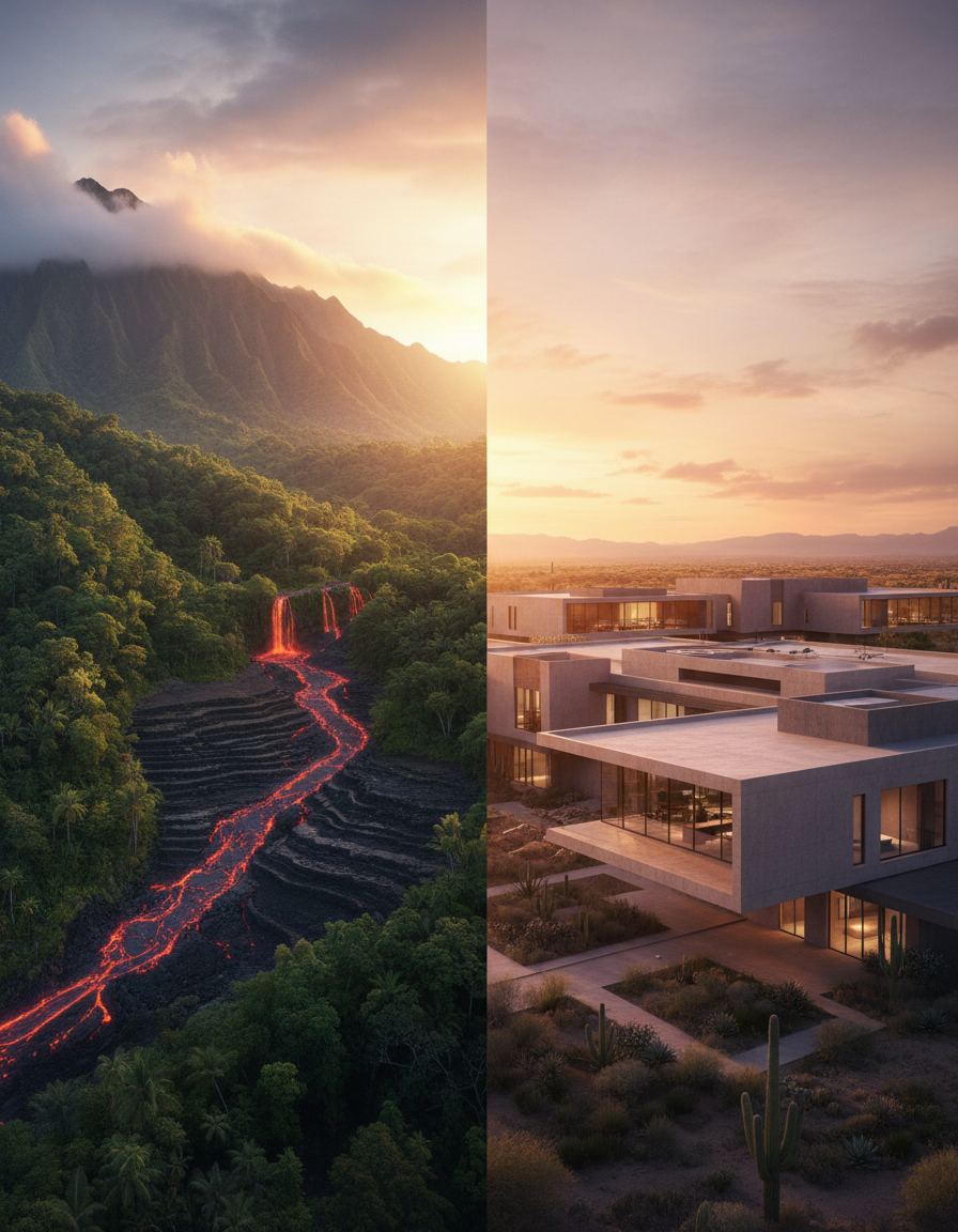 Composite image of a mountain landscape at sunset alongside a modern low-rise building lit at dusk
