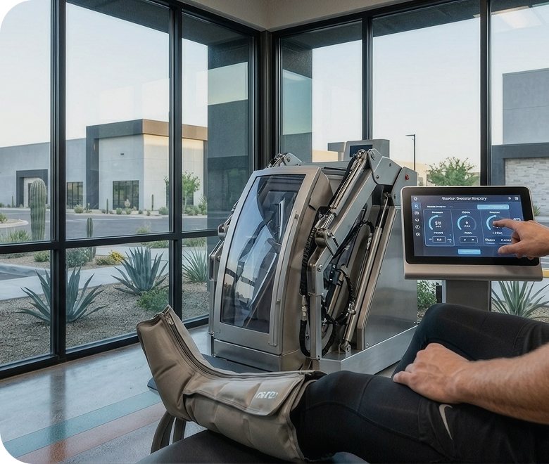 A recovery device with a digital display beside a seated person’s leg in a compression sleeve, in a room with floor-to-ceiling glazing