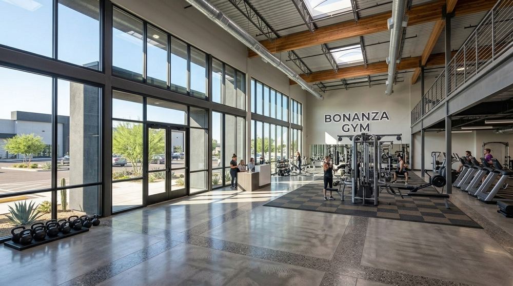 Interior rendering of the gym floor, with training machines set out beneath a high timber ceiling and a glazed wall